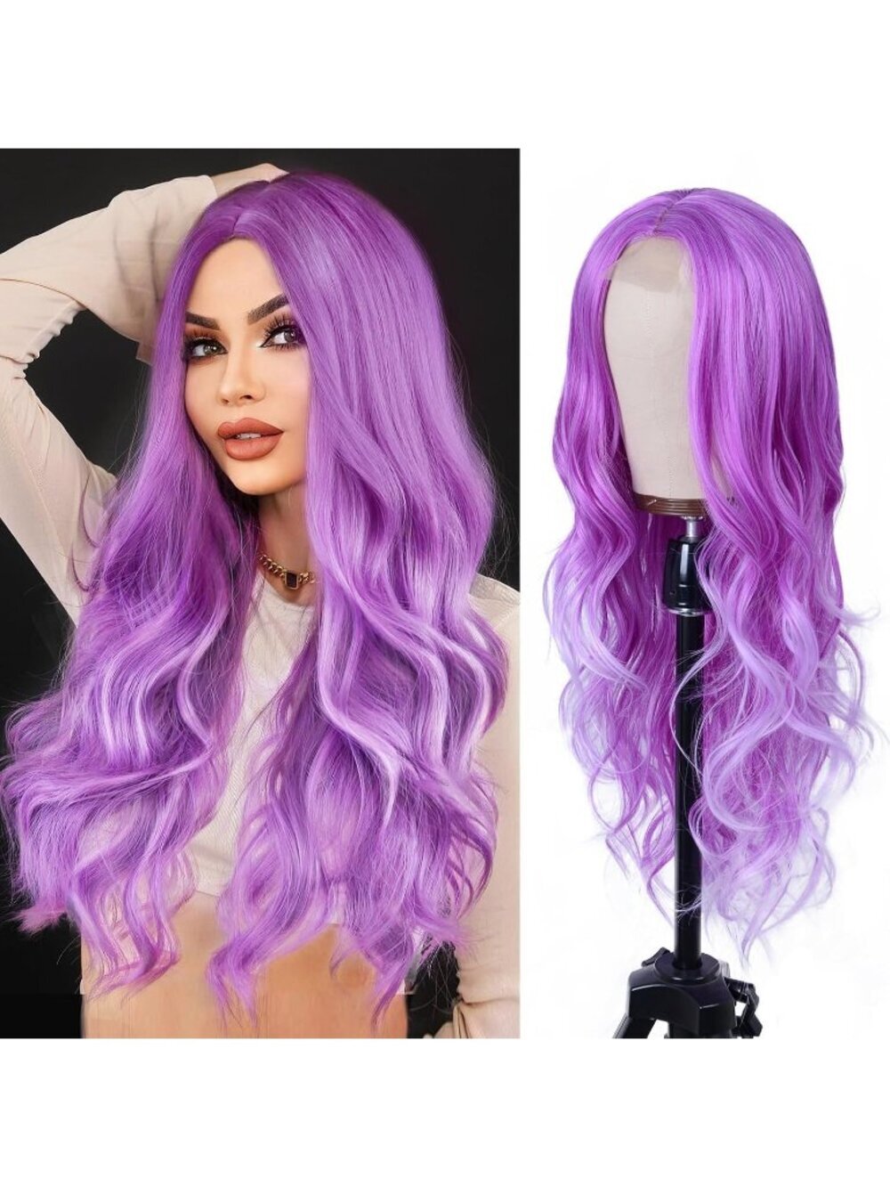 Women's Purple Synthetic Hair Dirty Blonde Heat Resistant Long Wavy Wig